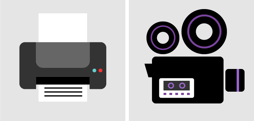 Gráficos de cámara de cine e impresora.